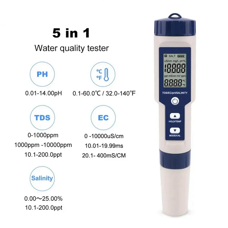 

AF95-5 в 1, измеритель солености/PH/температуры TDS/EC/PH/температуры, цифровой тестер контроля качества воды для бассейнов, питьевой воды, аквариумов Reusa