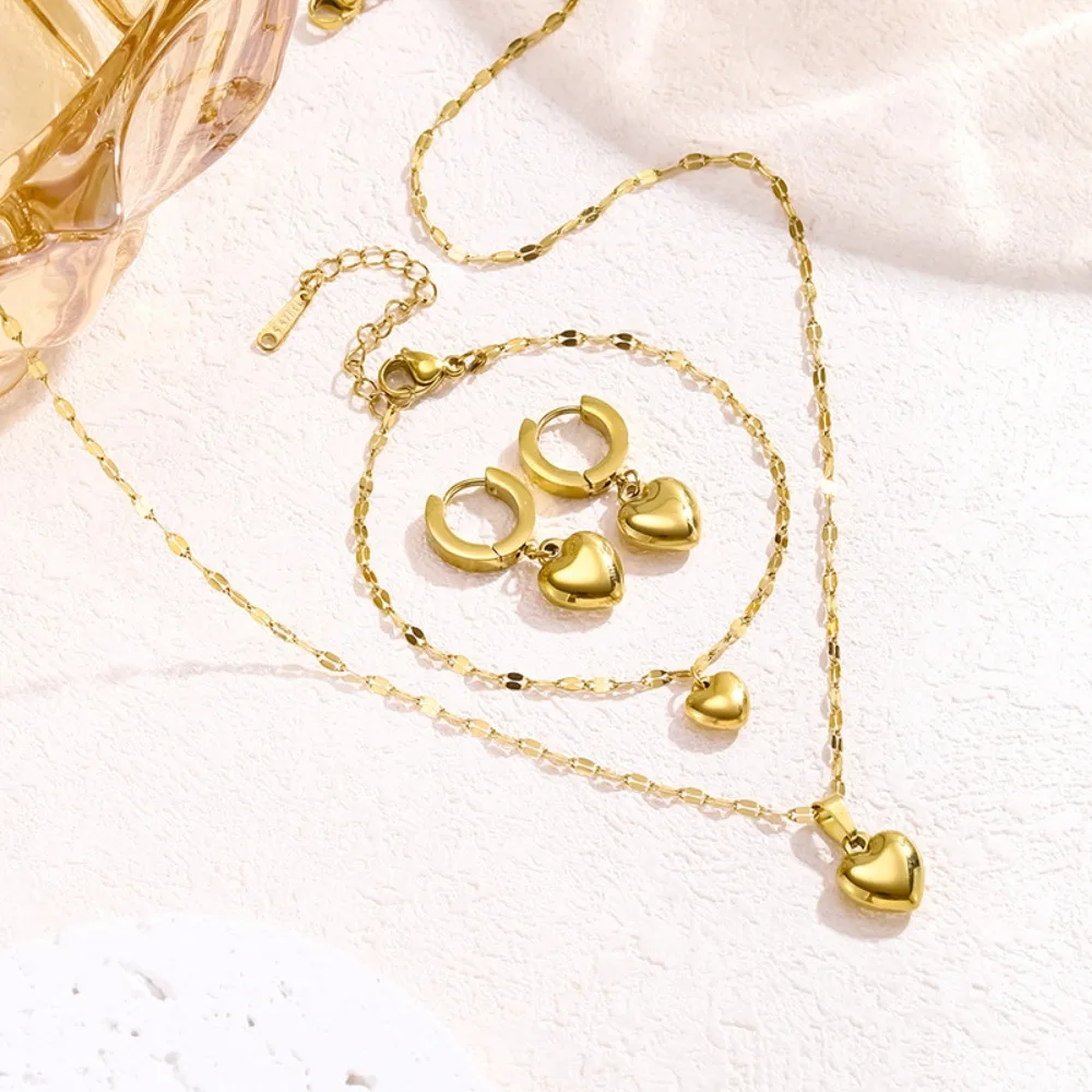 Charm Temperament Stainless Steel Gold Color Stereo Heart Pendant Necklace Earrings Bracelets Sets for Women Trendy Jewelry Gift