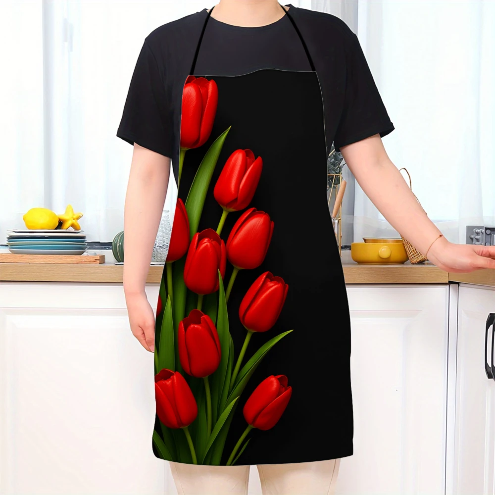 Black Apron With Red Tulip Flower Design For Cooking And Baking