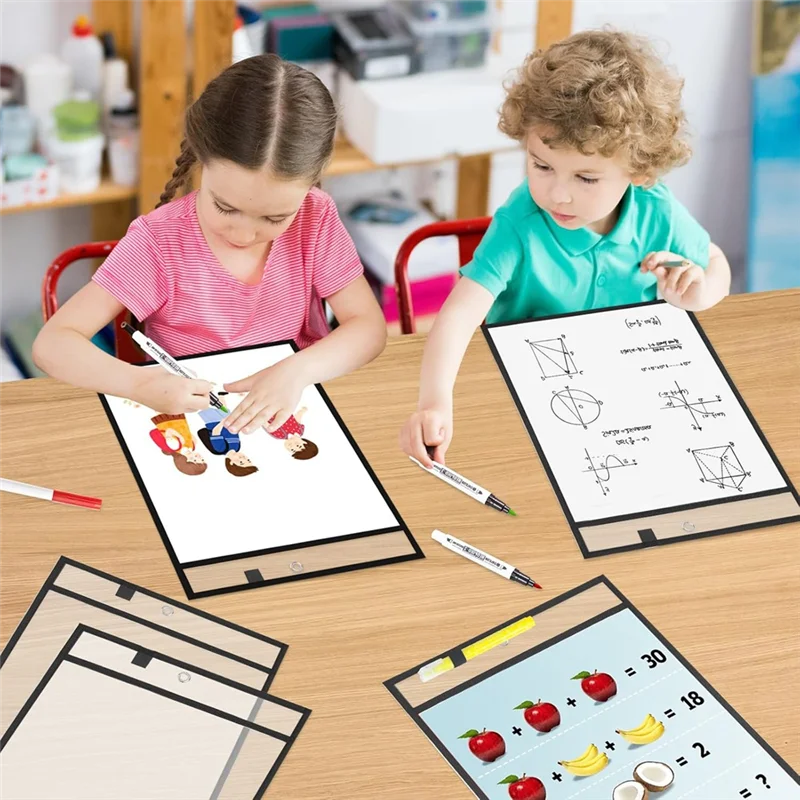 Dry Erase Pockets - Reusable Writing And Wiping Pockets For Teachers School Classroom Supplies Office Worksheets