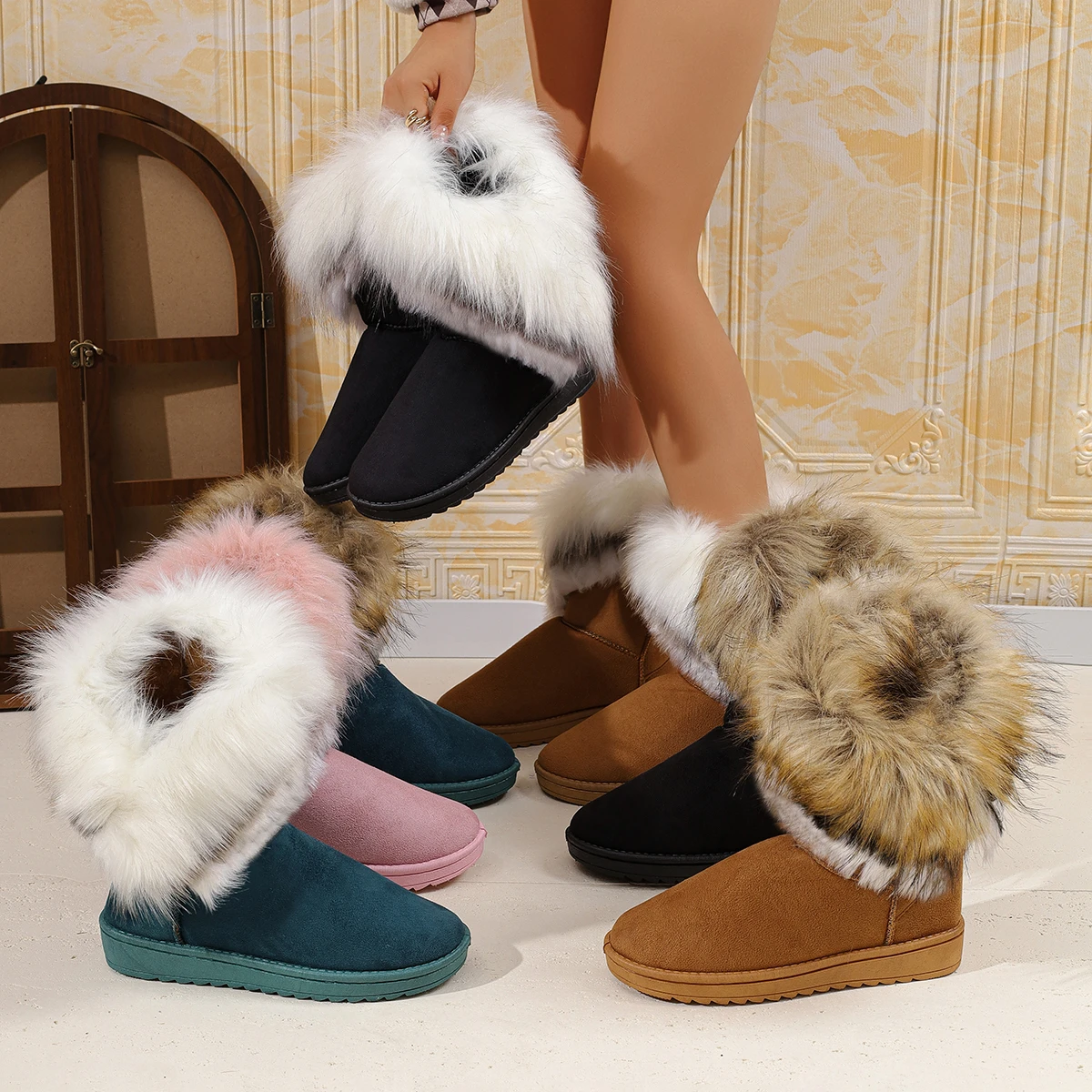 

Shoes for Women Fur Boots Winter Warm Ankle Boots for Women Round Toe Slip on Snow Boots Female Comfortable Outdoor Ladies Shoes
