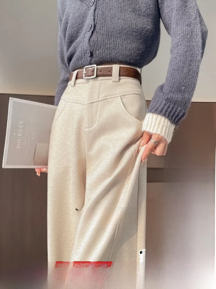 

Женские брюки с высокой талией и широкими штанинами, утепленные шерстяные повседневные брюки в корейском стиле, длинные брюки на пуговицах