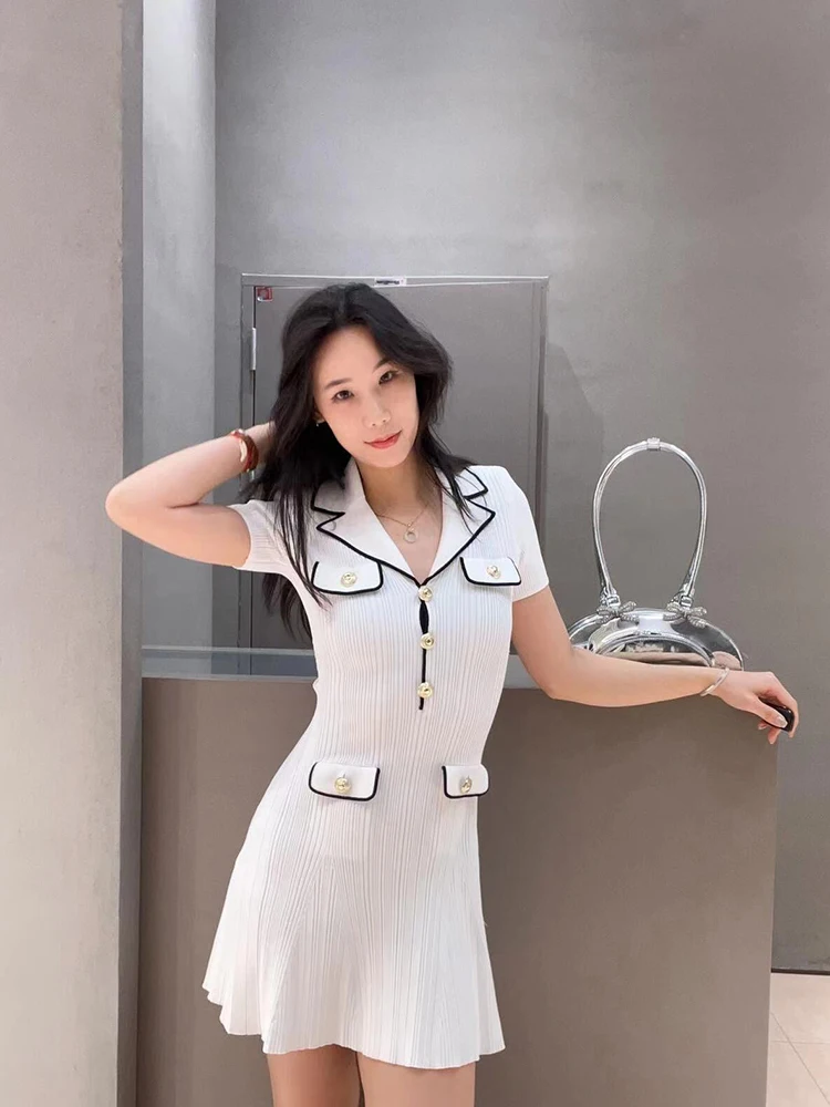 Color collision lapel short-sleeved women's dress temperament elegant elastic Slim knit dress 2025 spring new