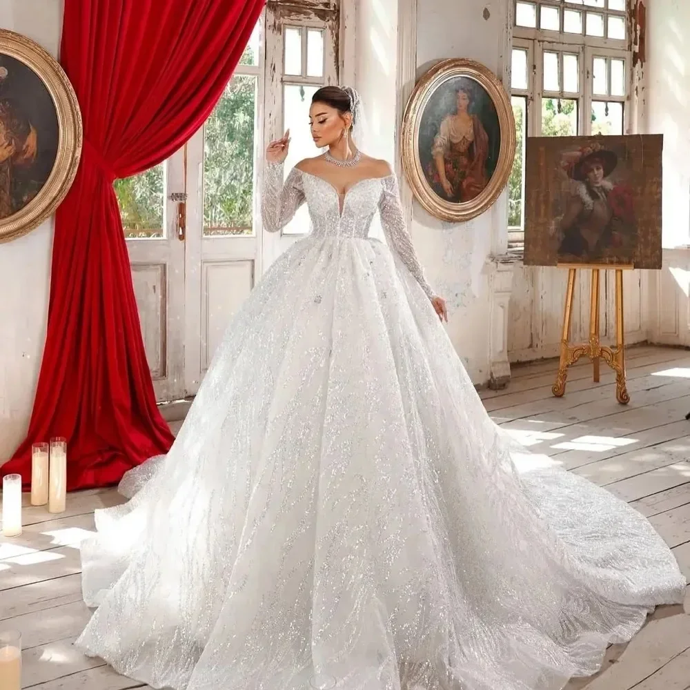 

Customized Luxury Wedding dresses V-Neck Long Sleeve puffy Ball Gown Women's Pearl embroidery Bride Vestido de novia