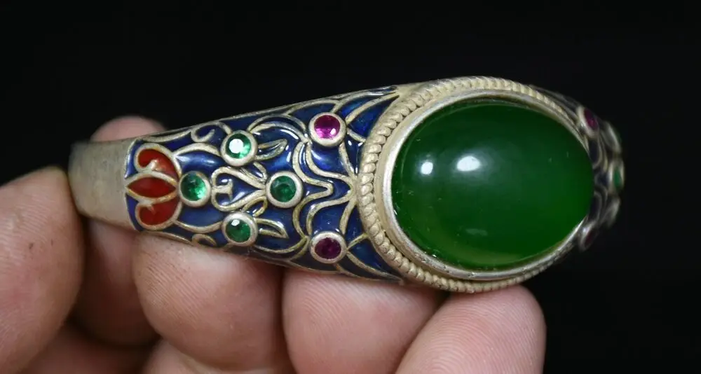 6.4CM Old Chinese Miao Silver Cloisonne Inlay Green Gem Jewelry Bracelet