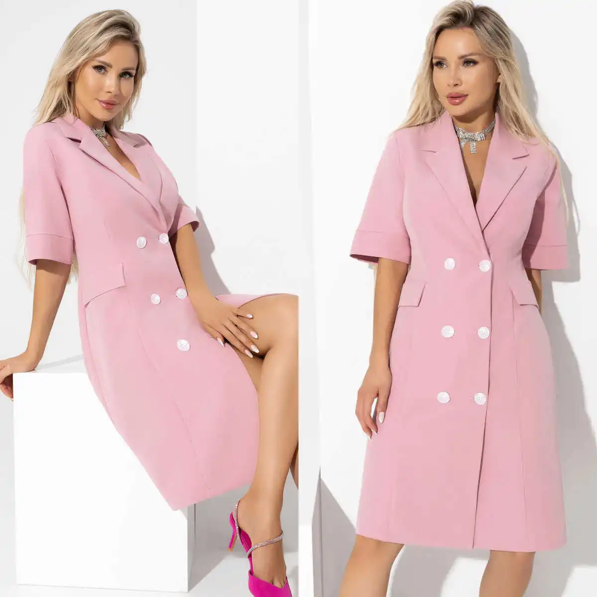 

Fashion Pink Women Blazer Dress Double Breasted V Neck Long Jacket For Graduation Party Wedding