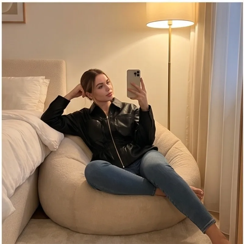 Guobioziy New Women's Classic Commuter Style Versatile High End Two Tone PU Leather Short Jacket Zipper Closure Polyester Fiber