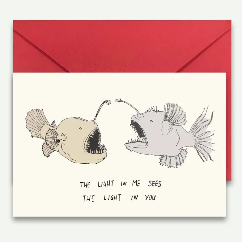 Romantic fishing art greeting card, with the words "The light within me sees the light within you" printed on it. It is very suitable for Valentine's Day, wedding anniversary and birthday. Valentine's Day gift, romantic greeting card.