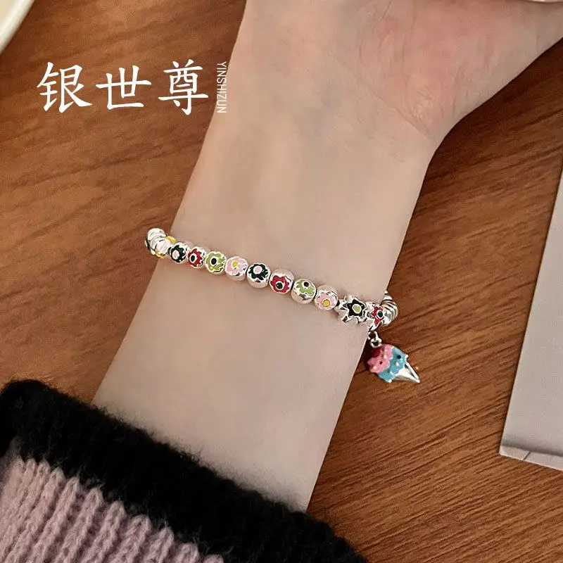 S Sterling Silver Colored Flower Ice Cream Round Bead With Simple Oil Drop Design And Elastic Rope Color Bracelet For Women