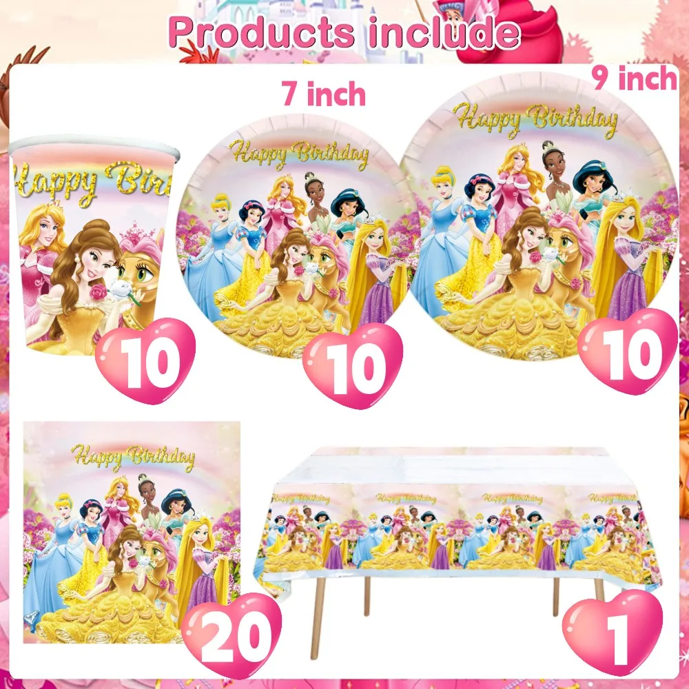 Disney princesa decorações de aniversário pano de fundo balões toalha de mesa placas de papel descartáveis conjunto de utensílios de mesa crianças menina festa suprimentos