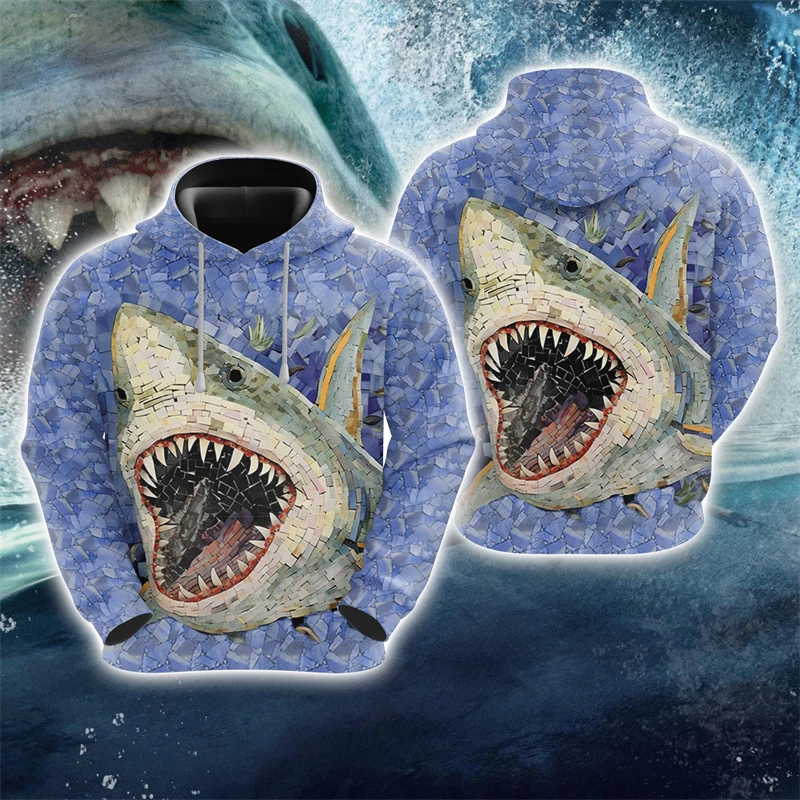 Harajuku Fashion Shark Graphic Sweatshirts Goth Hunting Hoodie for Men Clothing Sea Hunting Tracksuit Cartoon Pullover Y2k