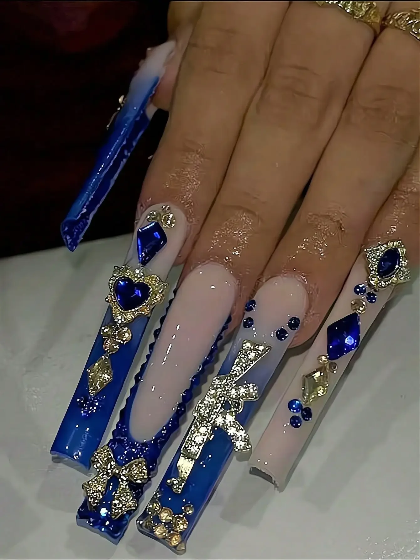24pcs Rectangular Nail Stickers, French Manicure Style, XXL/XXL Size, Rectangular Design With 3D Blue Gemstone Explosion, Various Rhinestones And Gold AK Decorations, Luxury High Quality, Suitable For Women, Girls Daily, Date, Office, Home, Party, Summer