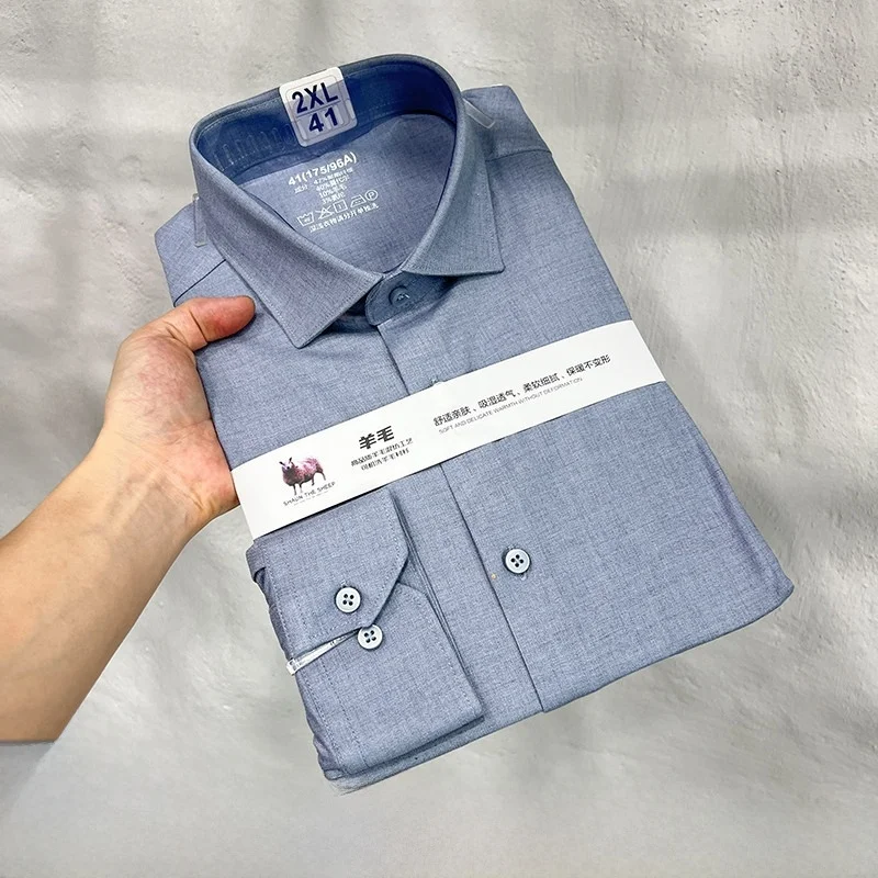 

Итальянская роскошная мужская рубашка из модала и шерсти с эластаном, несминаемая, весенняя, высококачественная, деловая, с воротником, тонкая, с длинным рукавом