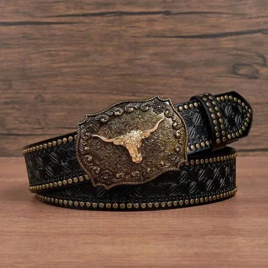 Punk Cowboy Belt Men's Vintage Leather Belt Embossed Rivet Western Waistband Jeans Accessory