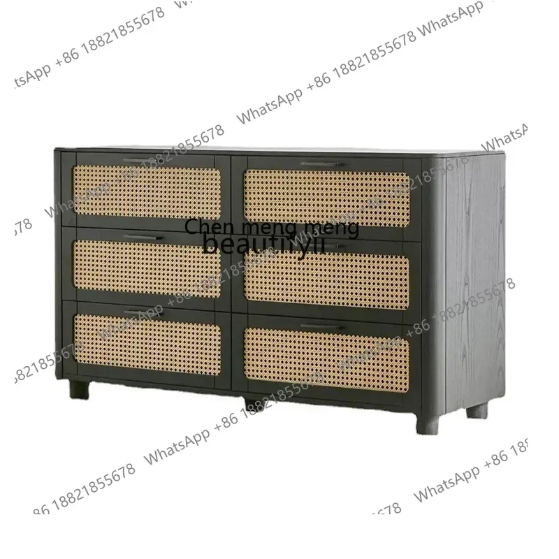 SS SS7486 French solid wood six-chest cabinet, rattan storage, wabi-sandy wind small apartment household porch drawer locker