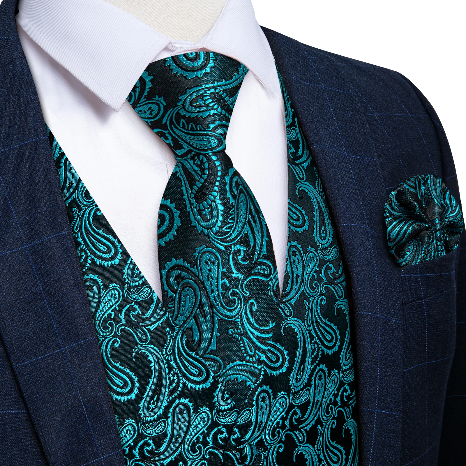 Teal Blue Paisley Suit Vest for Men Luxury Wedding Prom Waistcoat Necktie Pocket Square Cufflinks for Tuxedo Groom Men Clothing