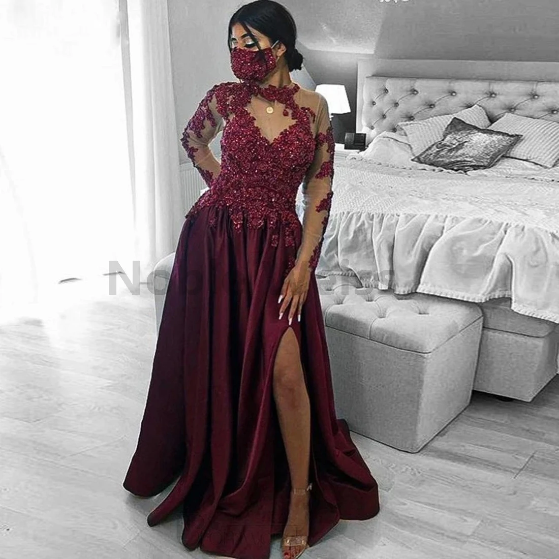 

A-Line Satin Evening Dresses Long Sleeves Lace Appliques Beaded Formal Gown Customize