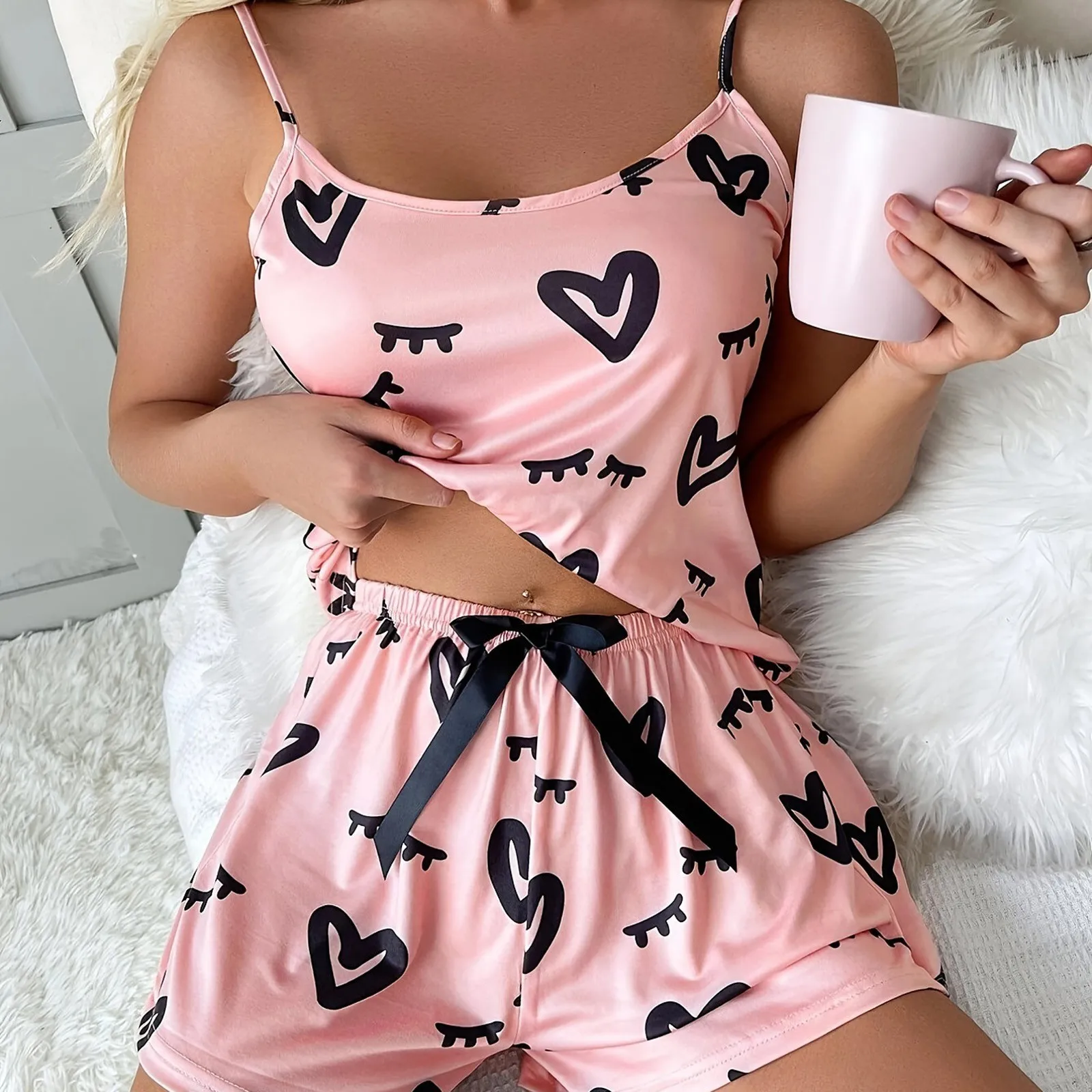 Conjunto de pijama de 2 piezas para mujer, ropa de dormir de manga corta, pantalones cortos, traje M, rosa, estampado de amor, ropa de casa informal de verano