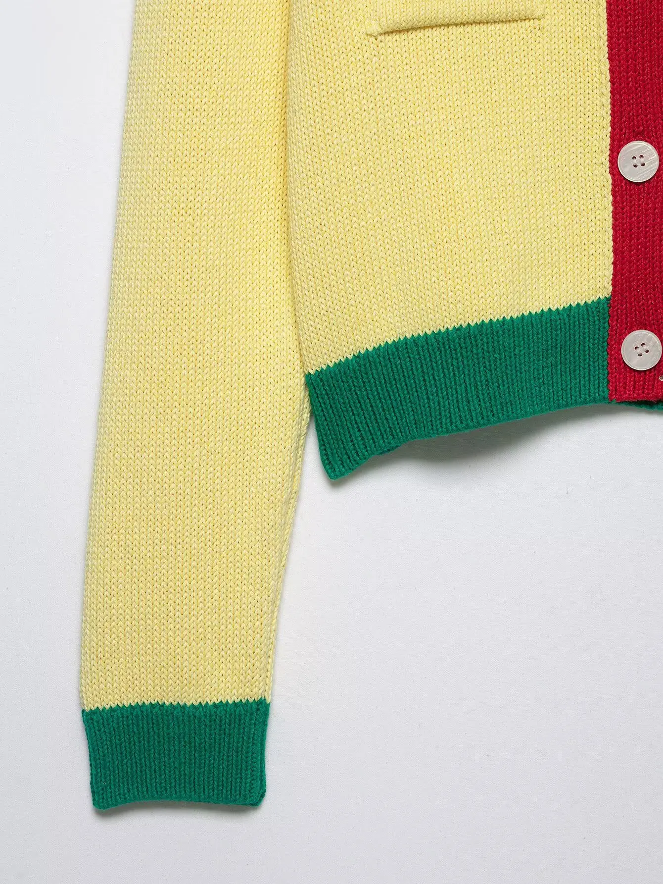 Color Block Contrast Knit Cardigan Round Neck Yellow Base Red Placket Green Cuff Hem Blue Pocket Cropped Women Sweater Outerwear view 6