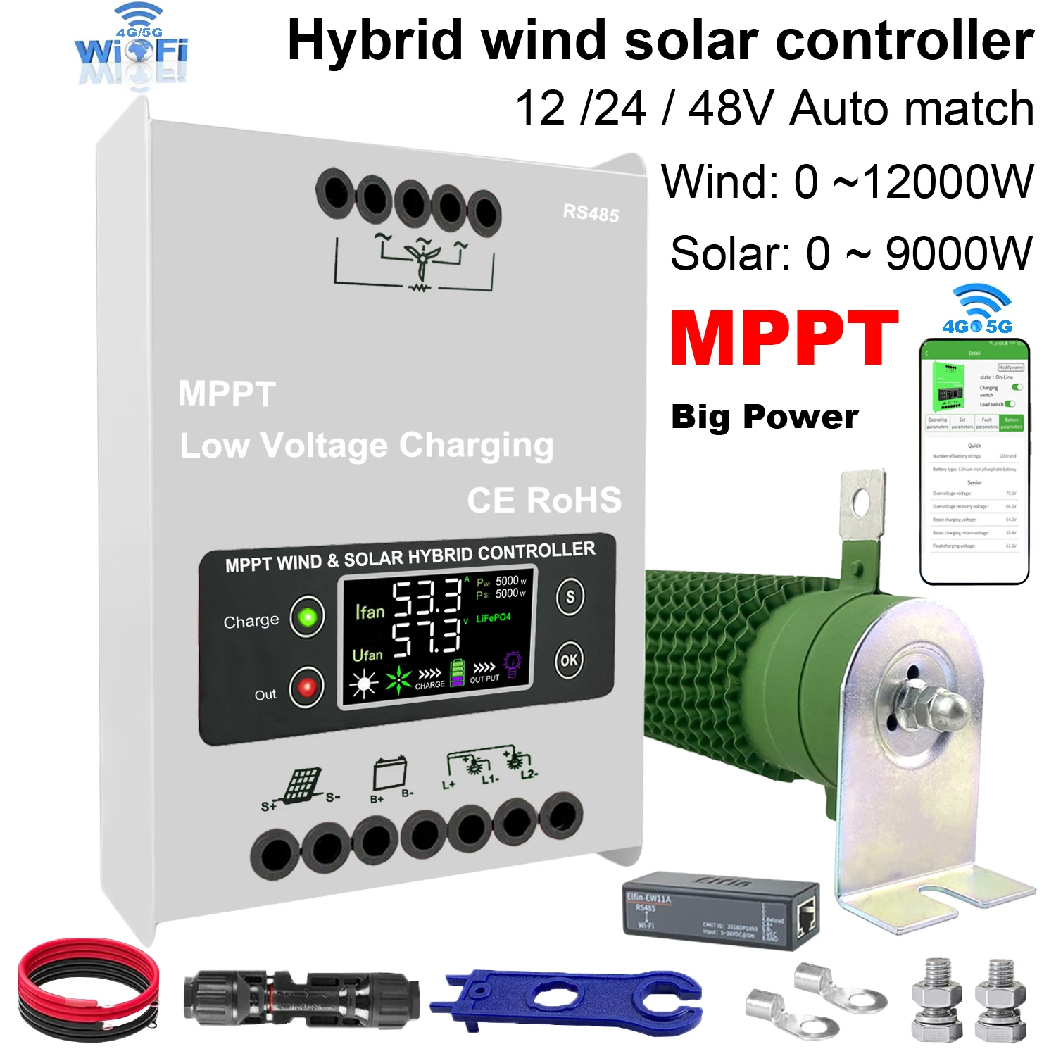 10KW MPPT Wind Solar Hybrid Charge Controller Wind 5000W & Solar 5000W 12/24V/48V Automatic Hybrid Controller Dump Load Resistor