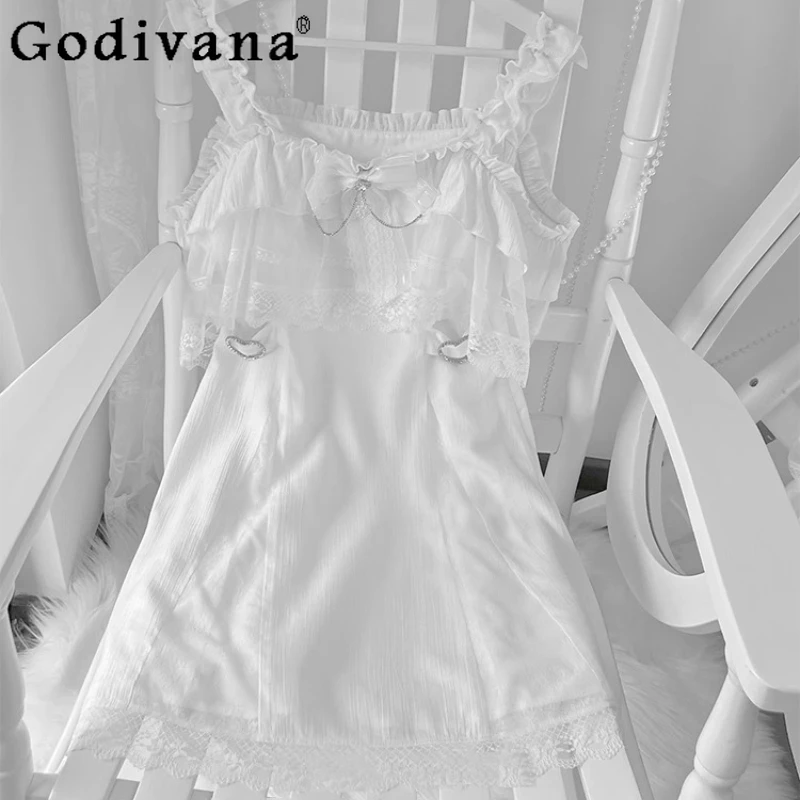 

Japanese Subculture White Dress for Women Summer New Lace Patchwork Lolita Dress Female Short Sleeve Bow Sweet Dress