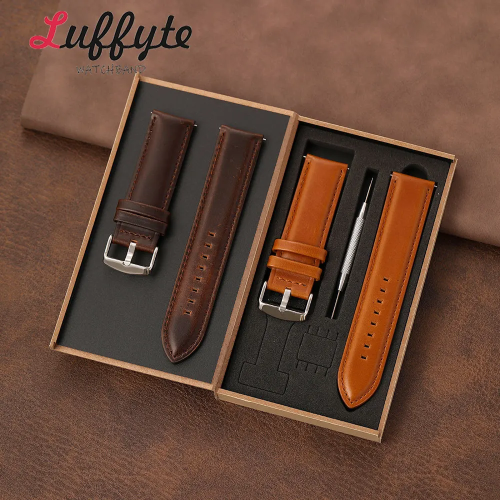 Calfskin Waxed Leather Watchband 20mm 22mm with Quick Release Spring Bar Gift Packing Box Retro Comfortable Men Wrist Strap