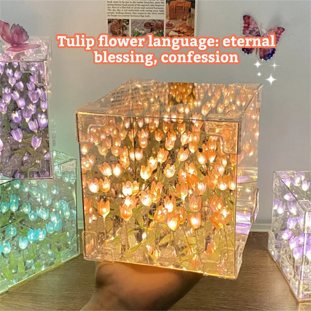 Creative Diy Tulip Flower Sea Cube Three-Dimensional Small Night Lamp Material Package for Girlfriend Couple Girlfriends