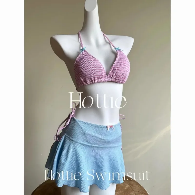 

Women's Waffle Knit Skirted Swimsuit Halter Backless Plaid Tie Two Piece Swimwear