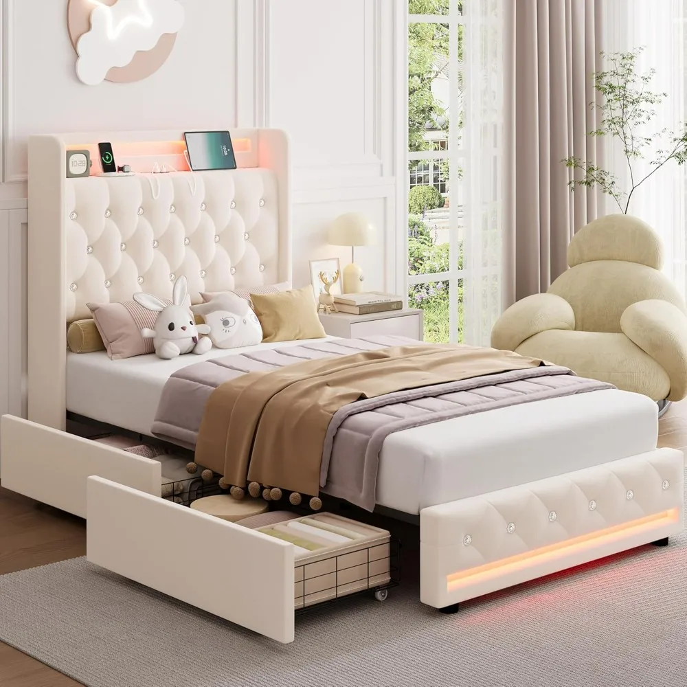 Upholstered Twin LED Bed Frame with Charging Station Headboard , Velvet Crystal Button-Tufted  Twin Size Platform Bed Frames