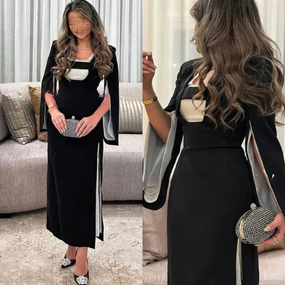 

Customized Simple Jersey Square Collar Long Sleeves Evening Dress Elegant Straight Party Dresses Fashion Special Occasion Gowns