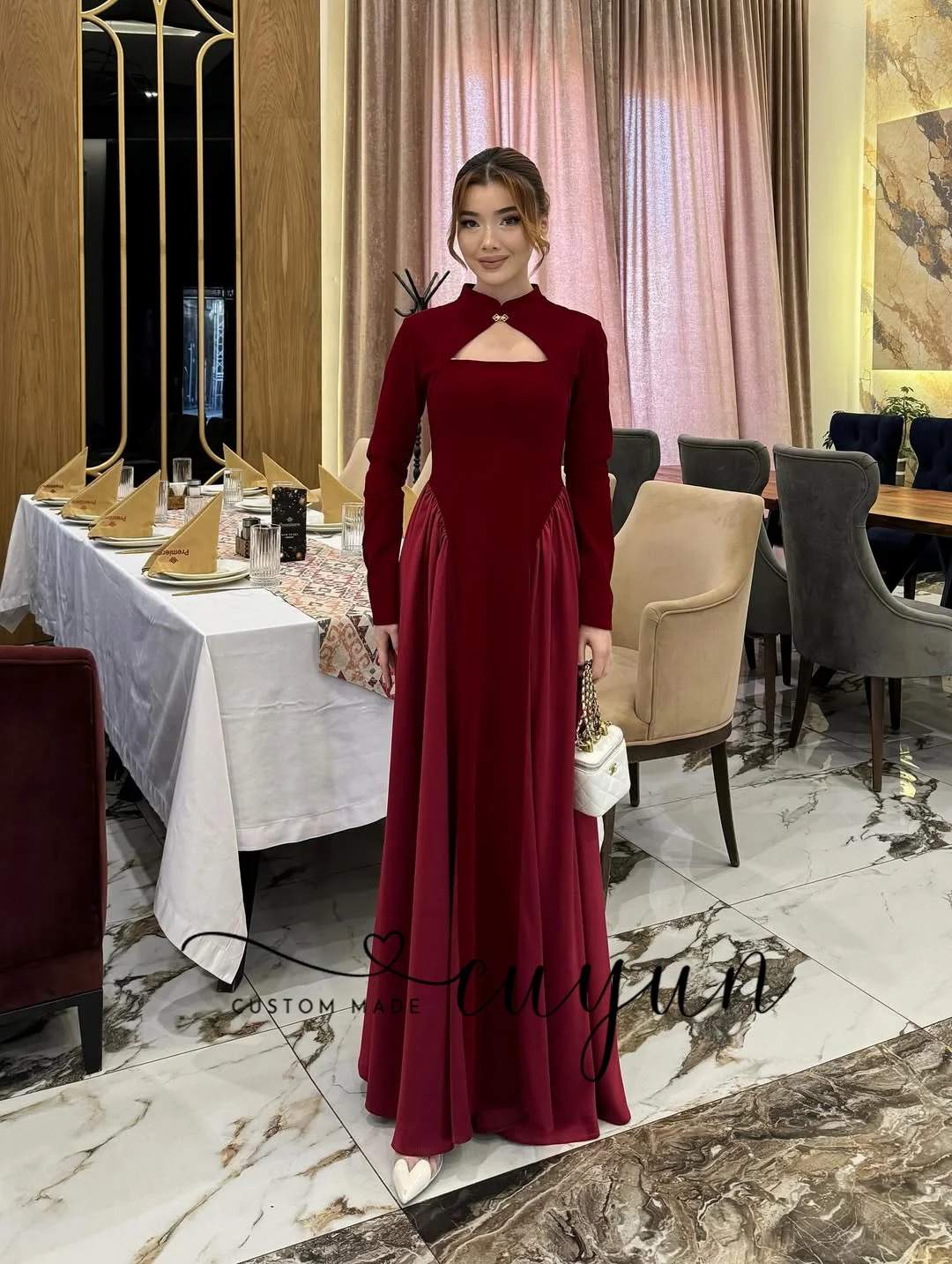 CUYUN Customized Formal Women Dinner Party Dresses High Collar Long Sleeves Red Floor-Length Evening Gown Wedding Guest Dress