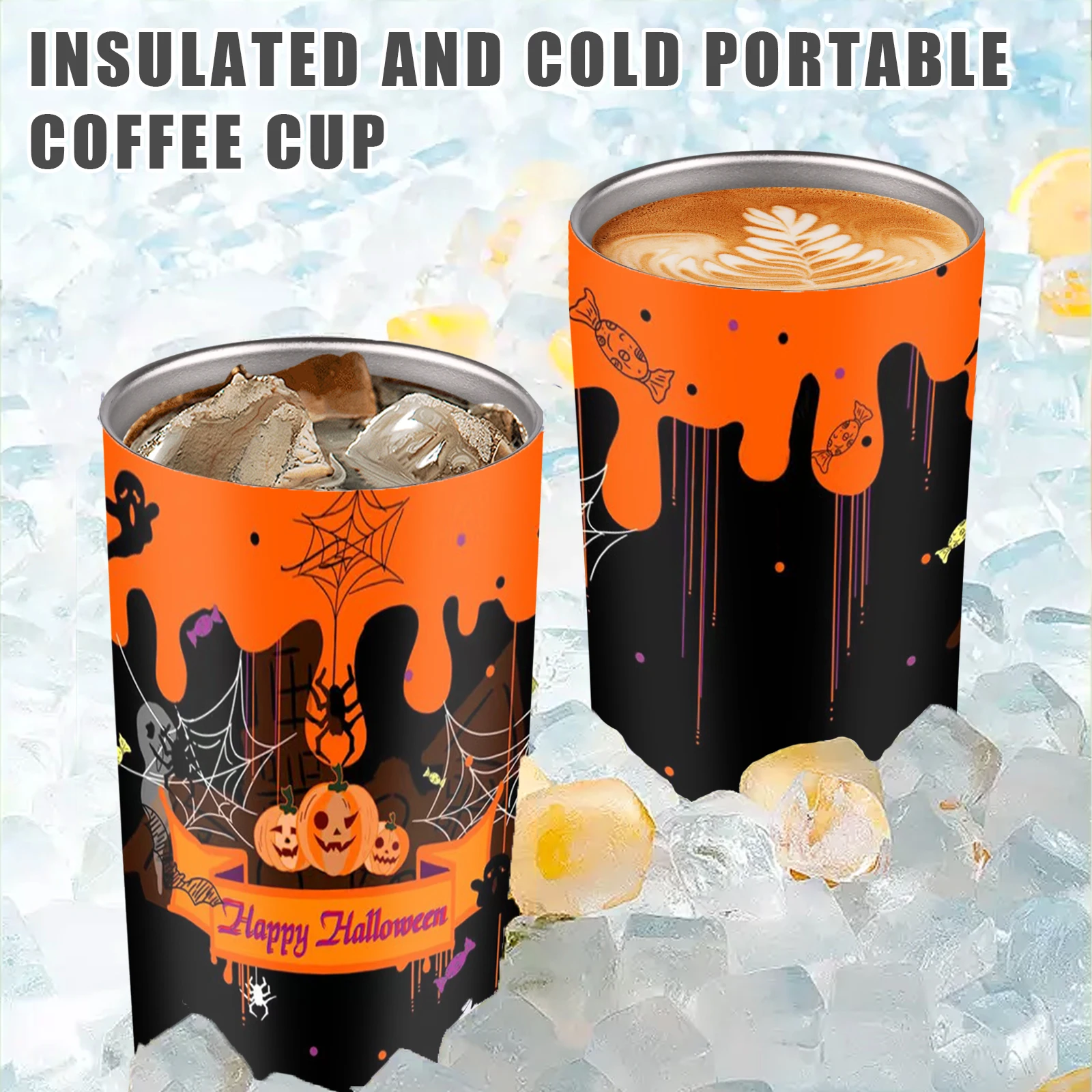 20Oz Insulated Stainless Steel Tumbler - Skull & Ghost Pattern - Ideal For Halloween, Christmas, Valentine' S Day & Reusable