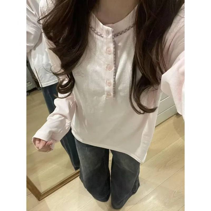 Women Henry Collar Long Sleeve T Shirt Plaid Contrast Color Pony Embroidery Loose Casual Tops For Autumn Sweet Cool Style