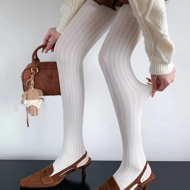 Striped Tights Women 2025 Autumn Winter Elastic Basic Pantyhose  Solid Color Retro Super Stretch Tights Stockings Leggings