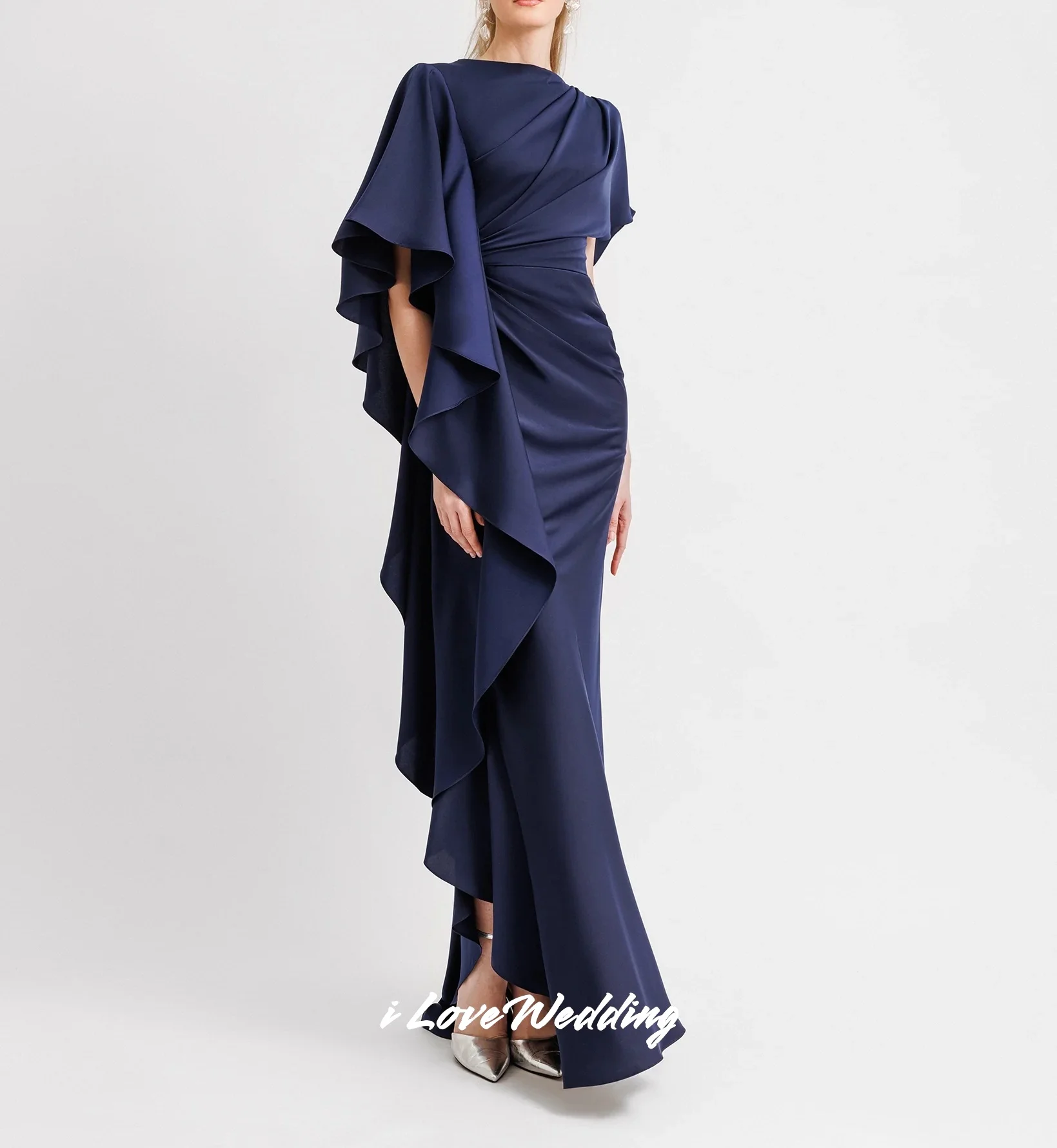 

Navy Blue O-Neck Prom Dresses 2025 Short Sleeve Ruffles Mermaid Backless Floor-Length Pleated Wedding Party Dresses Customized