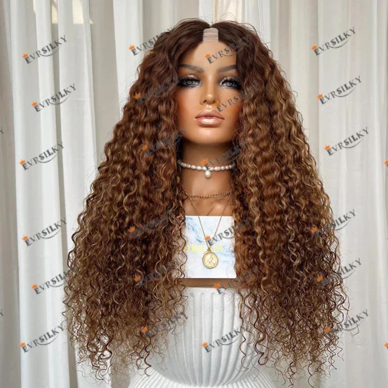 250Density Thick Full Human Hair 1x4 Middle V Part Wigs for Black Women Highlight Copper Brown Blonde Bayalage Curly U Part Wigs