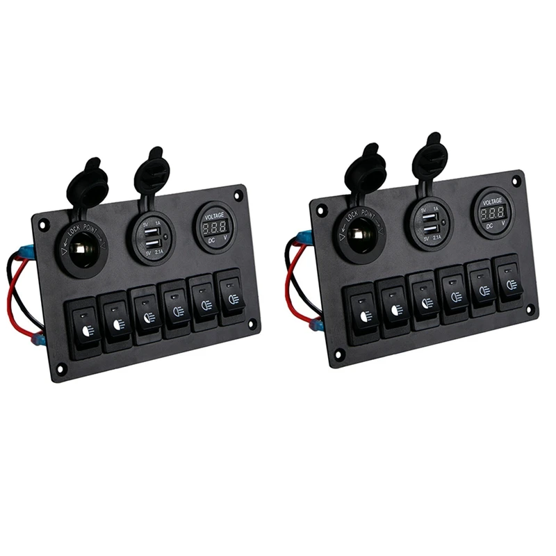 2X 6 Gang Switch Panel With 12V-24V LED Digital Voltmeter Dual USB Charger Lighter Socket For RV Truck Boat SUV