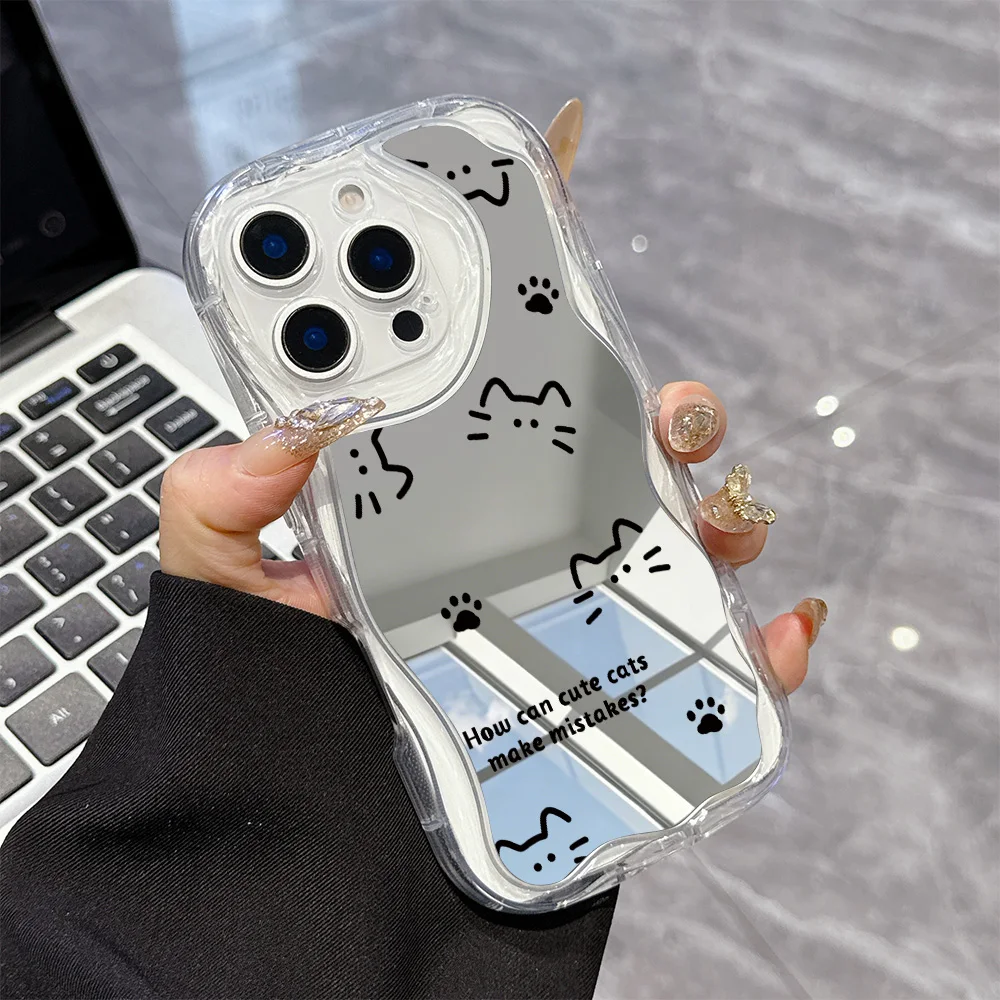 Cat Dog Lovely Line Wave Mirror Phone Case For Samsung Galaxy A27 A17 M16 A56 A36 A26 A16 A35 A55 A25 A15 A54 A34 A24 A14 4G 5G