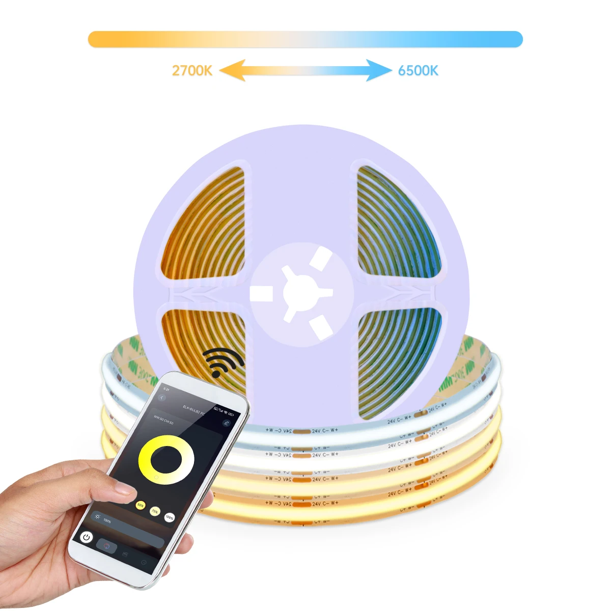 

Wireless Bluetooth CCT COB LED Strip Light Dimmable 2700K-6500K LED Tape CRI90 APP Remote Control For Cabinet Counter Kitchen TV