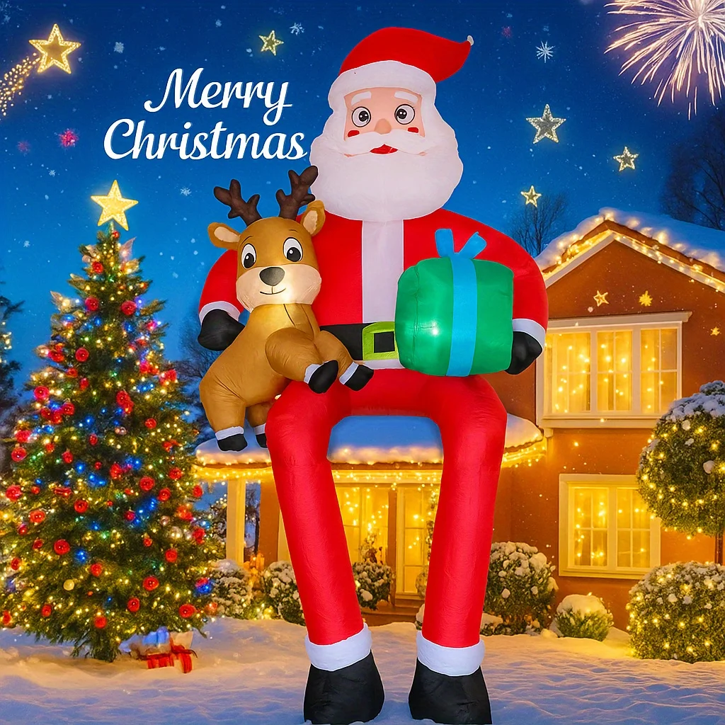 1pcs Christmas Inflatable Outdoor Nativity Scene Yard Decorations Santa Claus in Red Outfit Holding Reindeer & Green Decor