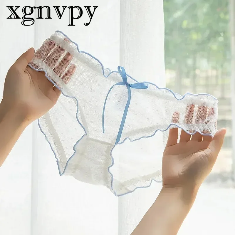 xgnvpy         Sexy Women's Thongs Set, Mesh Mid-waist Lace, Cotton Crotch, Fluttering Ribbons Lingerie image 2