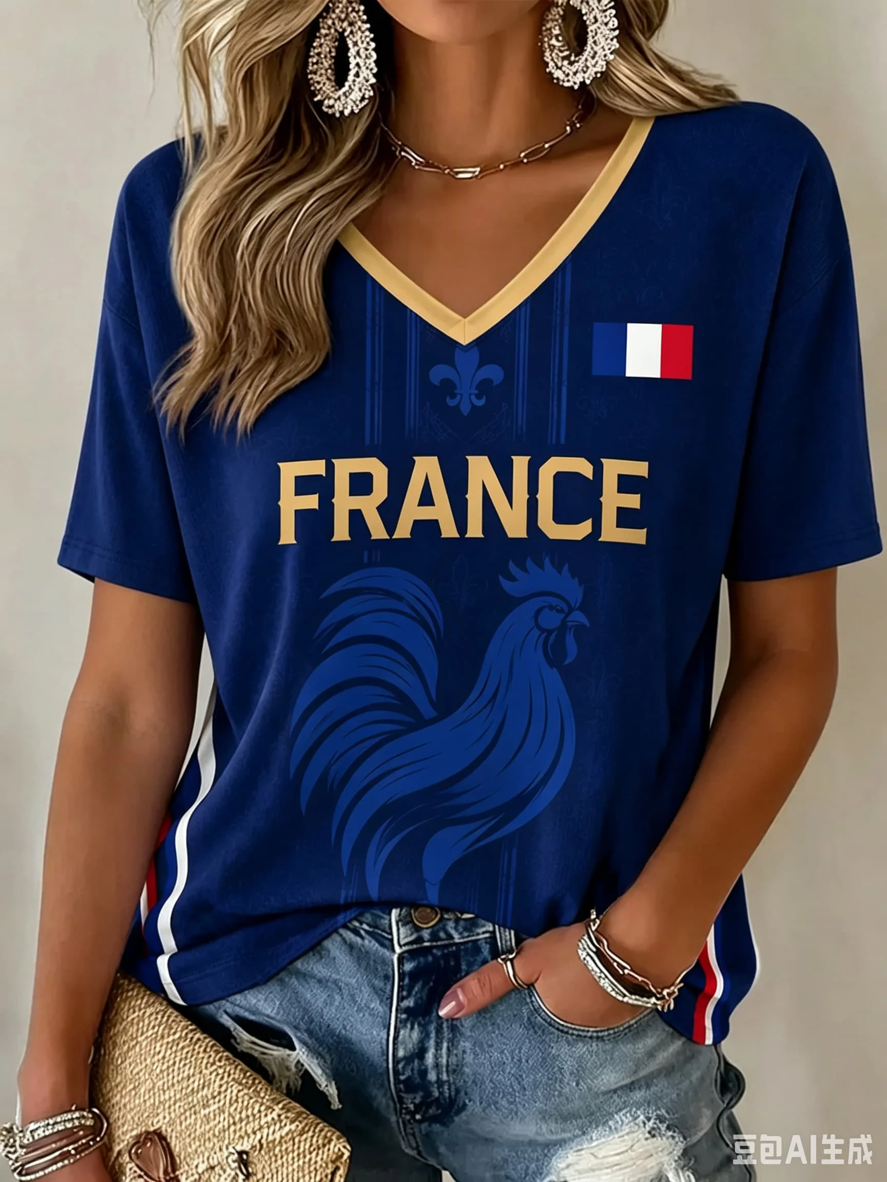 Women France National Rooster Gradient Football Jersey V Neck Short Sleeve French Flag Print Striped Cuff  Fan Sports T-shirt view 6