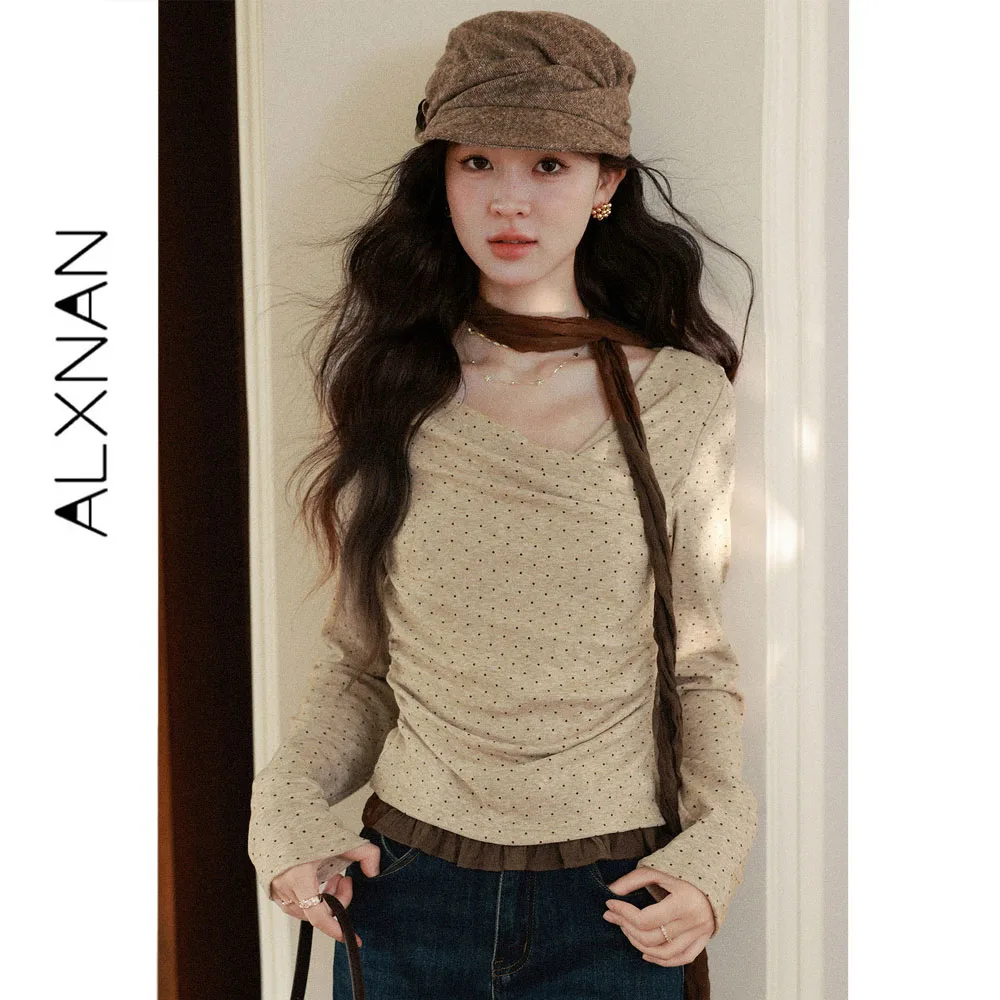 ALXNAN Women's Oat Polka Dot T-shirt Autumn Vintage Irregular Waist Elegant Pullover 2026 Fashion Slim-fit Casual Top L68326