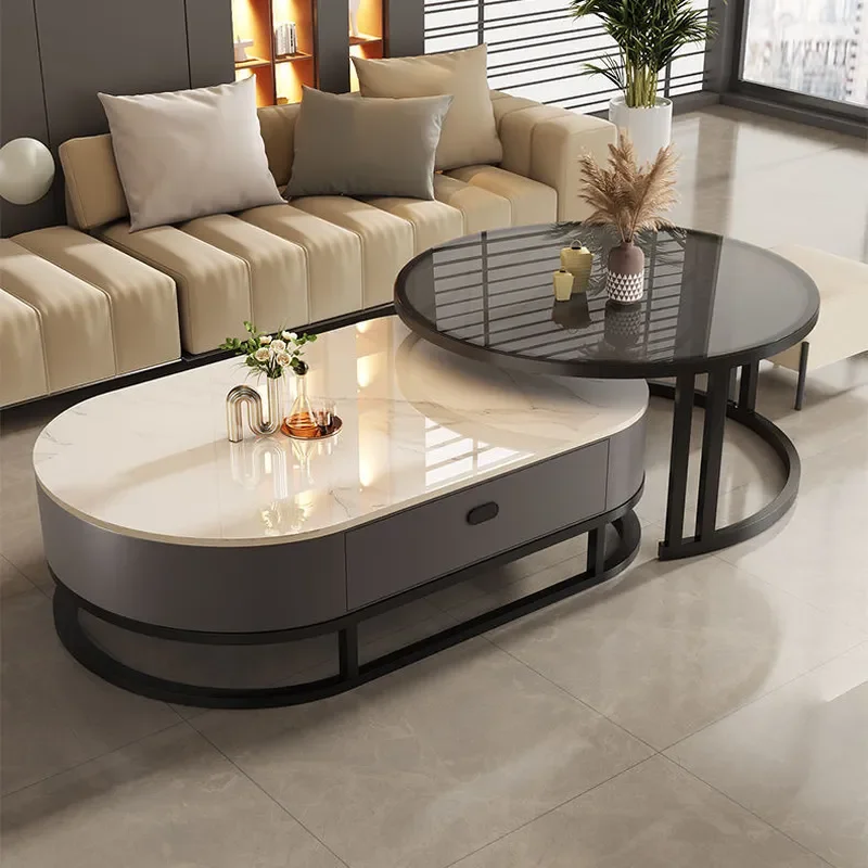 Modern Oval Sintered Stone Coffee Table Minimalist Luxury Living Room Furniture Compact Design for Small Apartment Home Decor