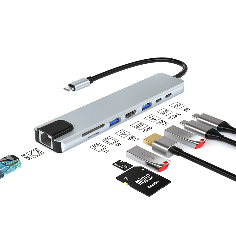 

Док-станция 8 в 1, USB c HDMI USB 2,0 адаптер PD100W с PD SD TF RJ45 для Macbook Air M1 iPad Pro доступ к ноутбуку