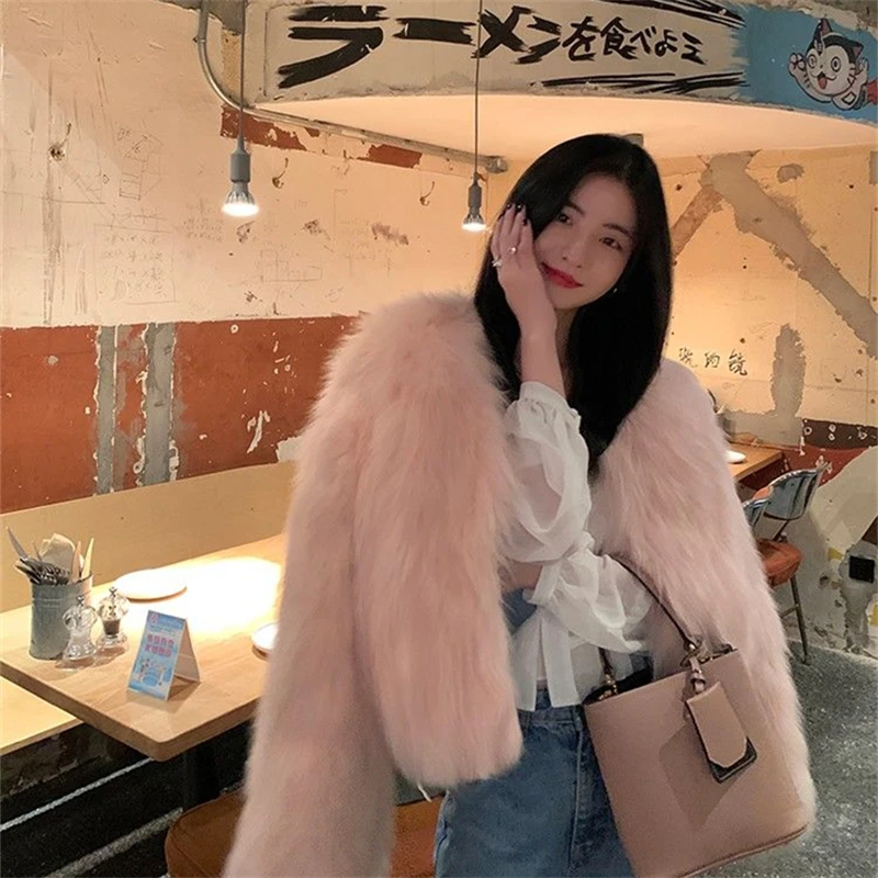 Autumn Fashion Solid Faux Fox Fur Coat  Korea Fashion Warm Feather Coats Chic Loose Short Outercoat Lady Party Elegant Outfit