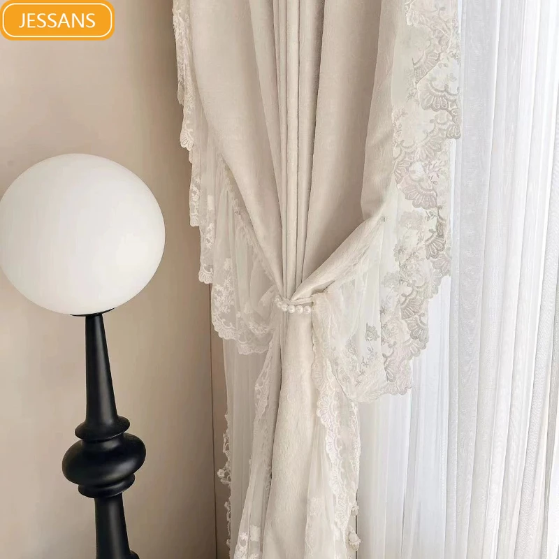French Relief Jacquard Cream Lace Patchwork Chenille Curtains for Living Room Bedroom Partition Curtains Decorative Products