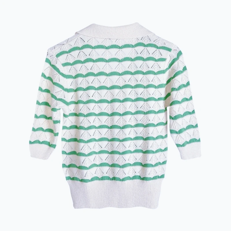 2024 Summer Luxury Brand Design White Green Tshirt Knit Hollow Out Short Sleeve T-shirt For Women Crop Top Dupes Tees Clothing