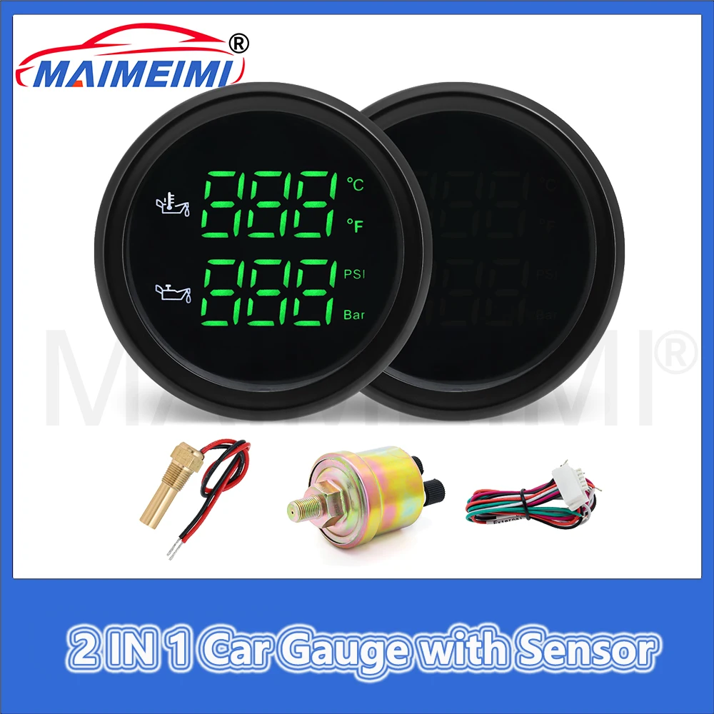 

2 IN 1 Car Gauge 50~150 Celsius Oil Temperature Gauge 0-10 Bar Oil Pressure Gauge with Sensor Red/Green Backlight