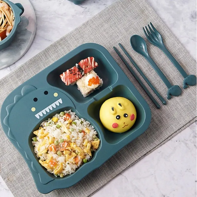 A Baby Cutlery Set For Children\'s Household Cartoon Cute Anti Drop Dinosaur Grid Plate For Eating Bowl Set Meal Plate Pink Gift